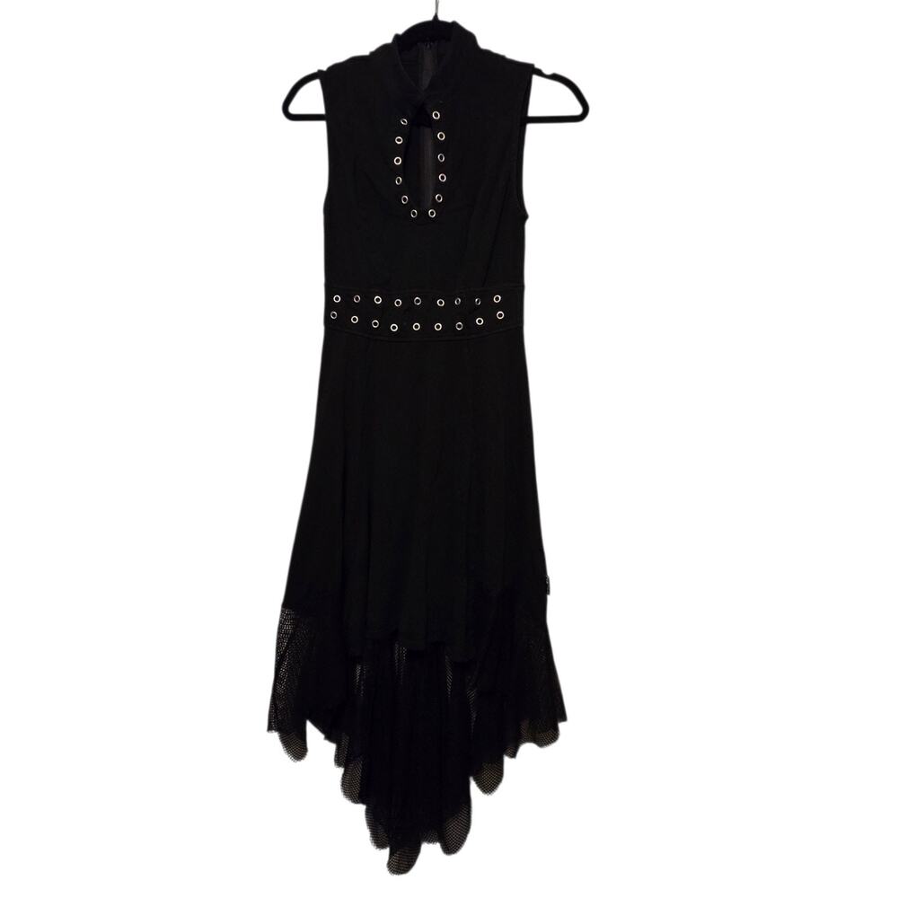 Tripp NYC Grommet Fit Flare Hi Lo Dress S Black Mesh Goth Punk Witchy Emo Grunge
